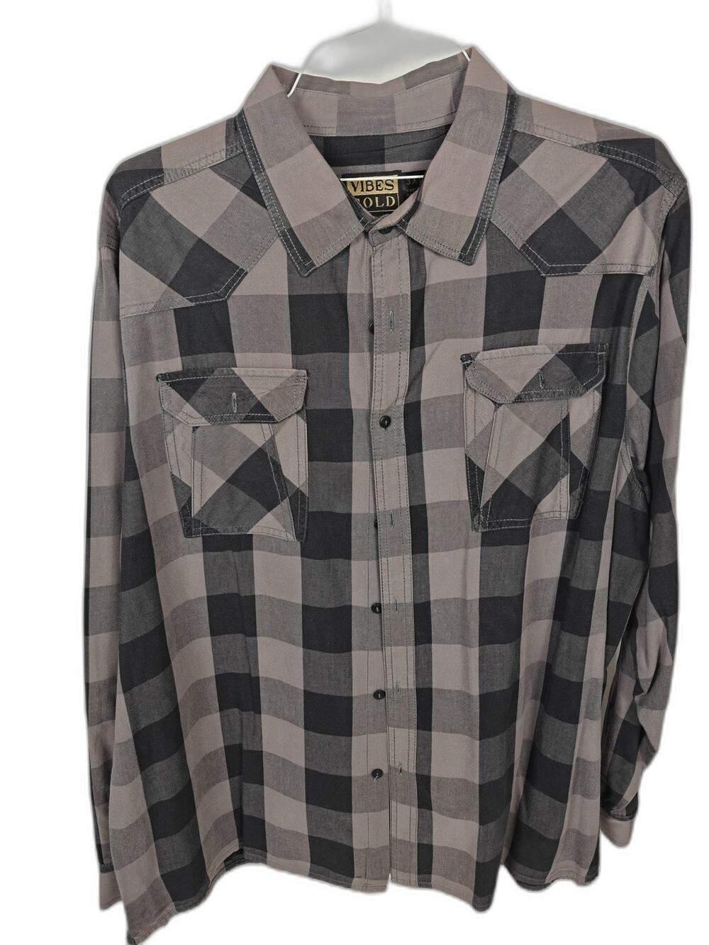 Vibes Gold Men's 3XL Gray Black Plaid Shirt Snap Front Long Sleeve Cotton